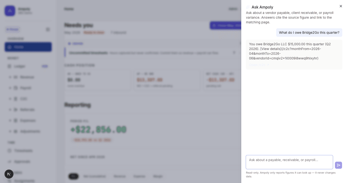 Ampoly workspace with an answer panel citing a C2C payable source.